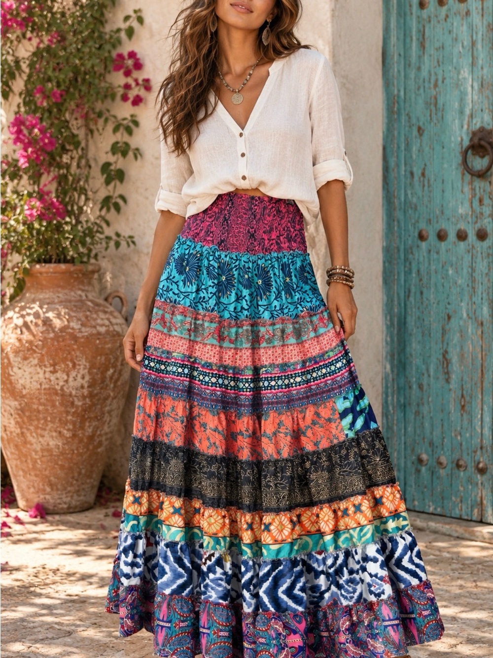 Boho Multicolor Tiered Maxi Skirt - Vibrant Patchwork